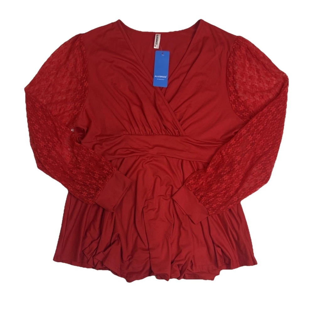 Allegrace Peplum Blouse V-neck‎ Lace Floral Sleeves Women's Size 2XL